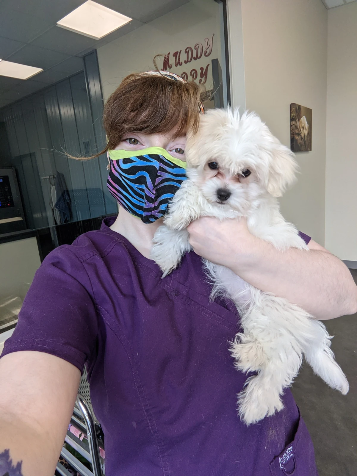 Rachel, the groomer at Lucky Dog Day S’Paw, holding a small white dog